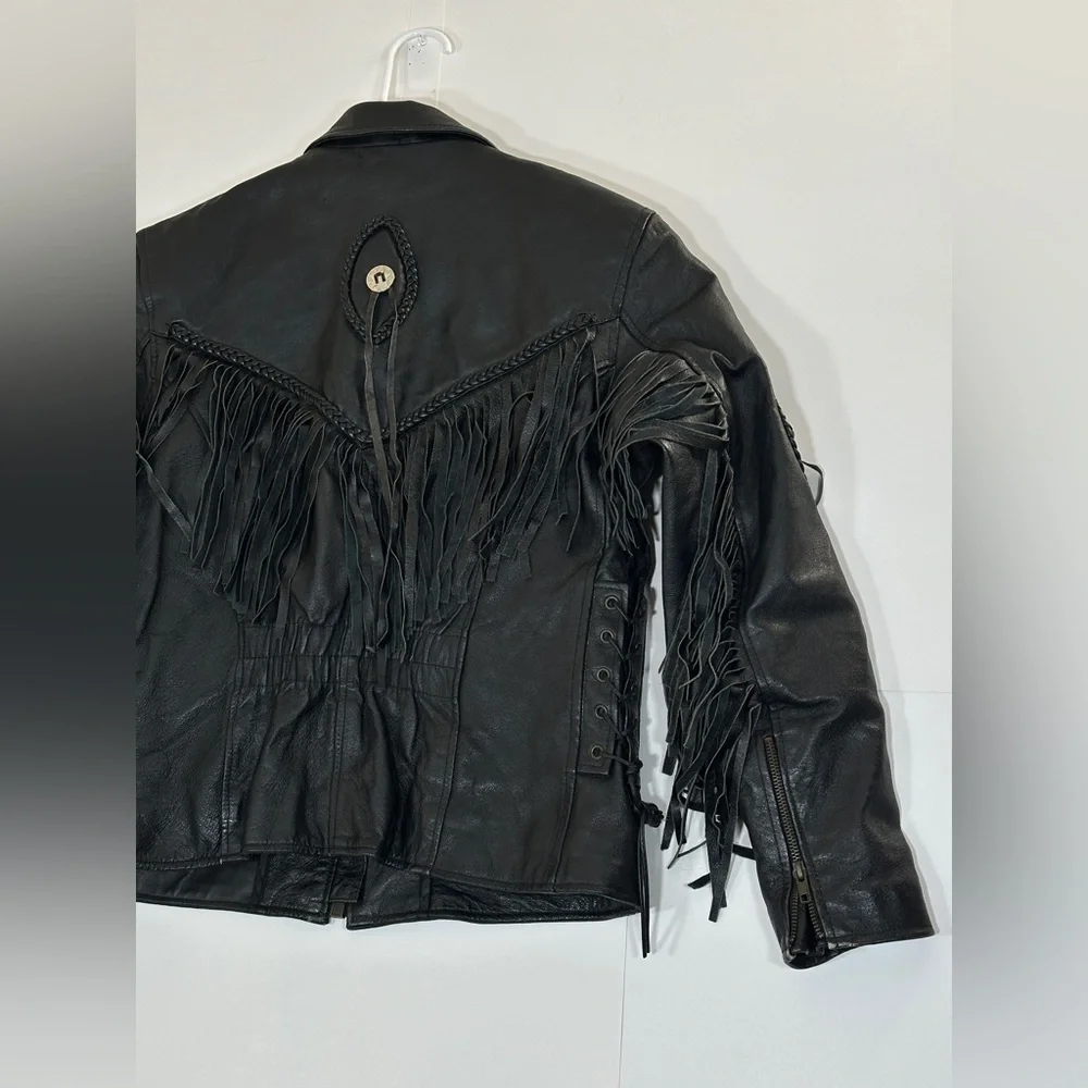 Fringed Black Leather Motorcycle Jacket Vintage Biker Women Medium 1990s Western - Picture 15 of 15